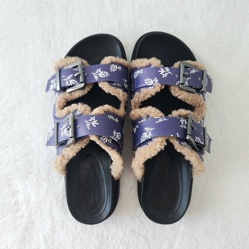 Aerosoles Laura Ashley Olivia Slides Floral Shearling Fur‎ Platform Sandals 7.5 - Picture 12 of 12